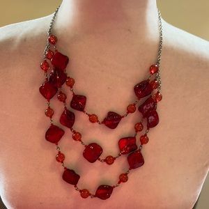 Red beads / silver toned necklace. Listing # 7250